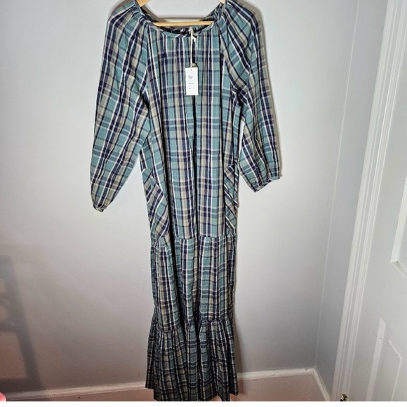 Mirth Ostuni Tiered Maxi Hand Loomed Cotton Dress Ocean Blue Plaid S Small NWT - Picture 5 of 8